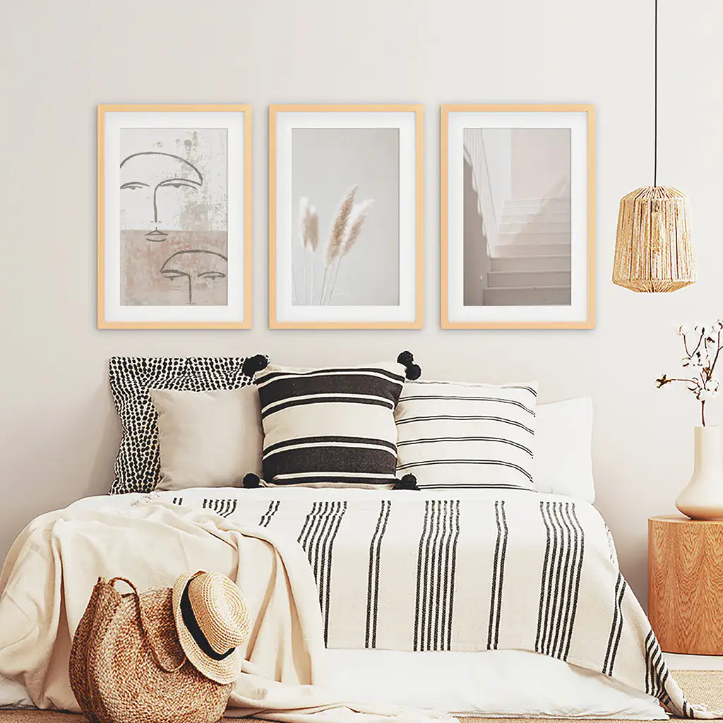 Minimalist Faces, Grass, Stairway. Boho Wall Art. Wood Frames with Mat