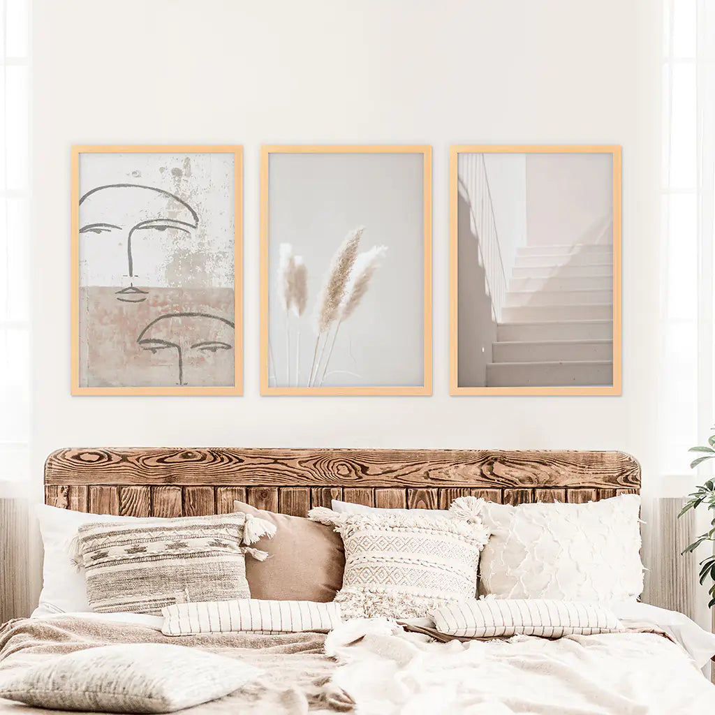 Minimalist Faces, Grass, Stairway. Boho Wall Art. Wood Frames