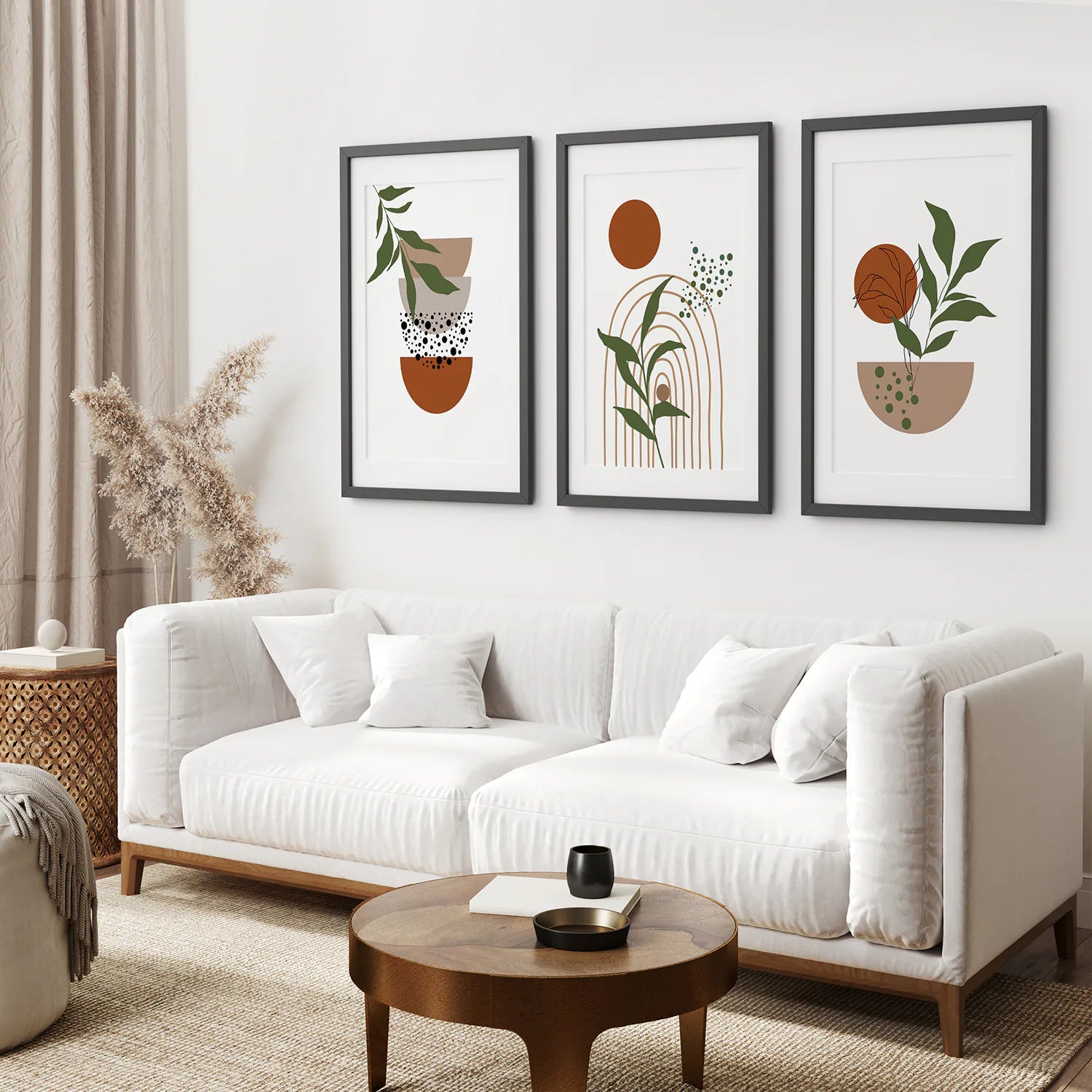 Abstract Green Leaves Wall Art Set of 3 Pieces. Earth Tones. Black Frame with Mat. Living Room