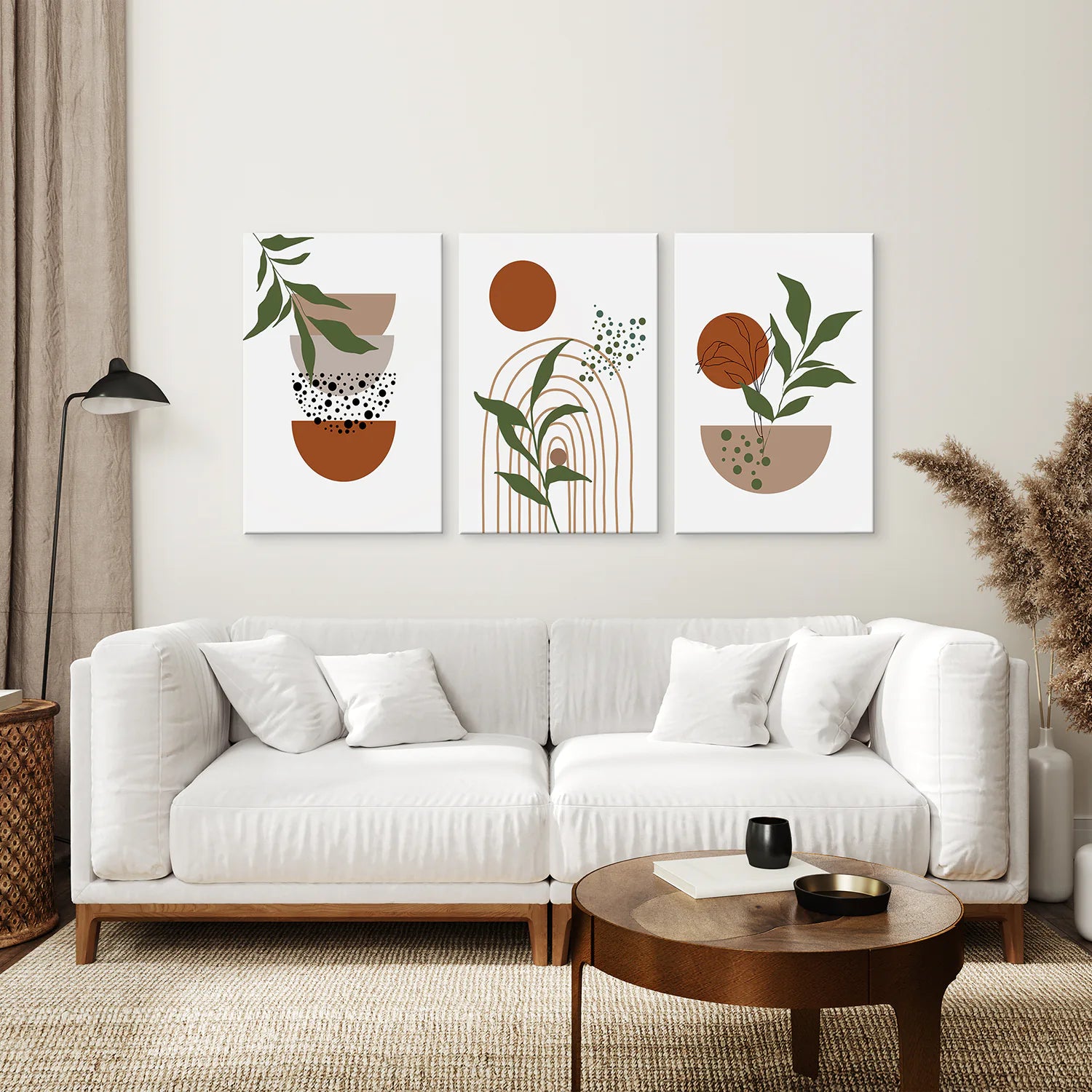 Abstract Green Leaves Wall Art Set of 3 Pieces. Earth Tones. Canvas Print. Living Room