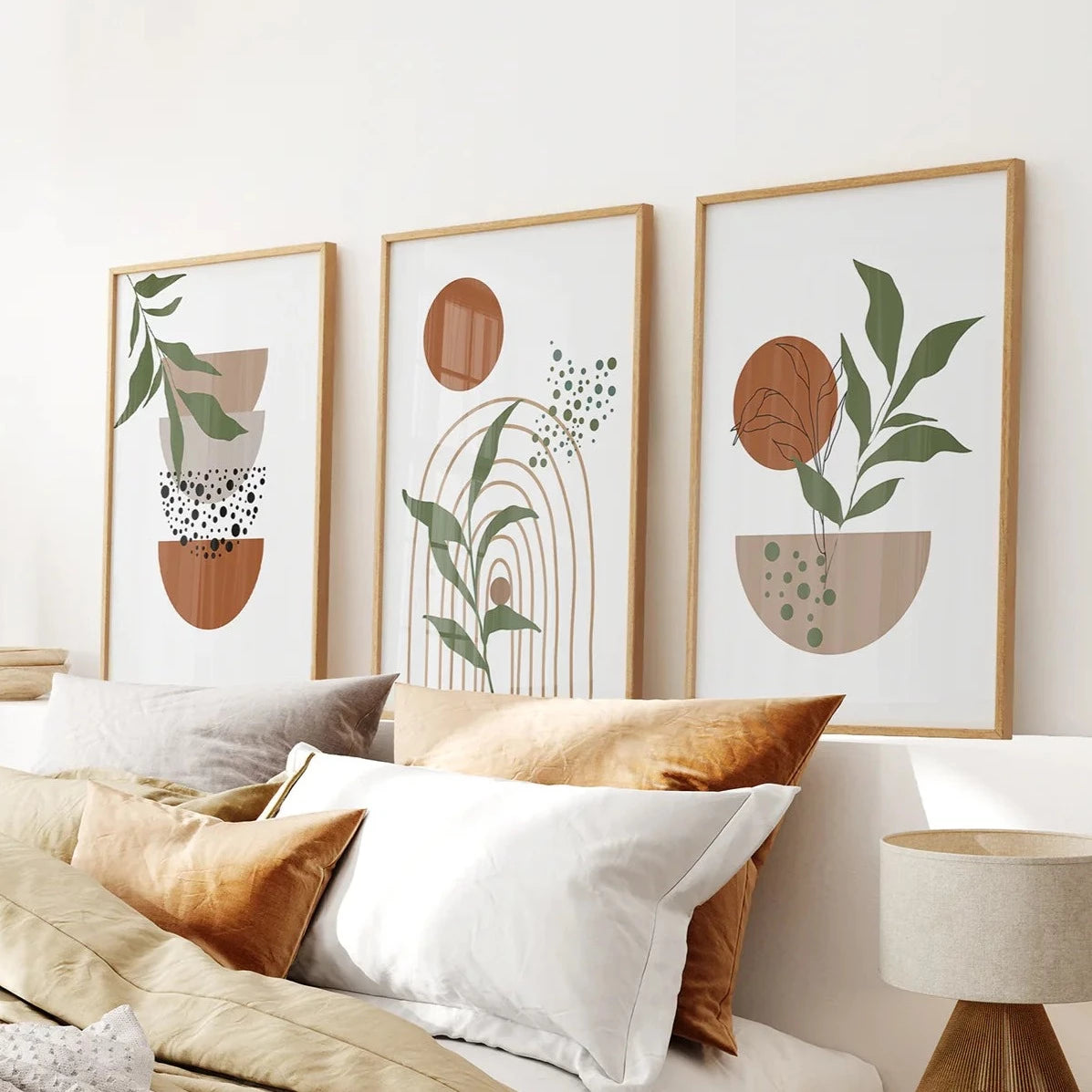 Abstract Green Leaves Wall Art Set of 3 Pieces. Boho Earth Tones Nature Prints. Thinwood Frame in Bedroom