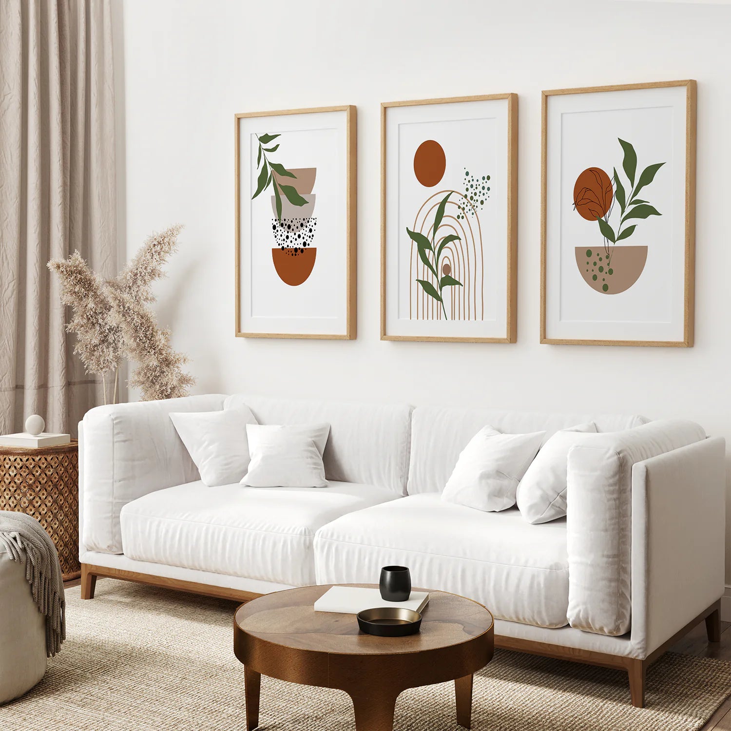 Abstract Green Leaves Wall Art Set of 3 Pieces. Earth Tones. Thinwood Frame with Mat. Living Room