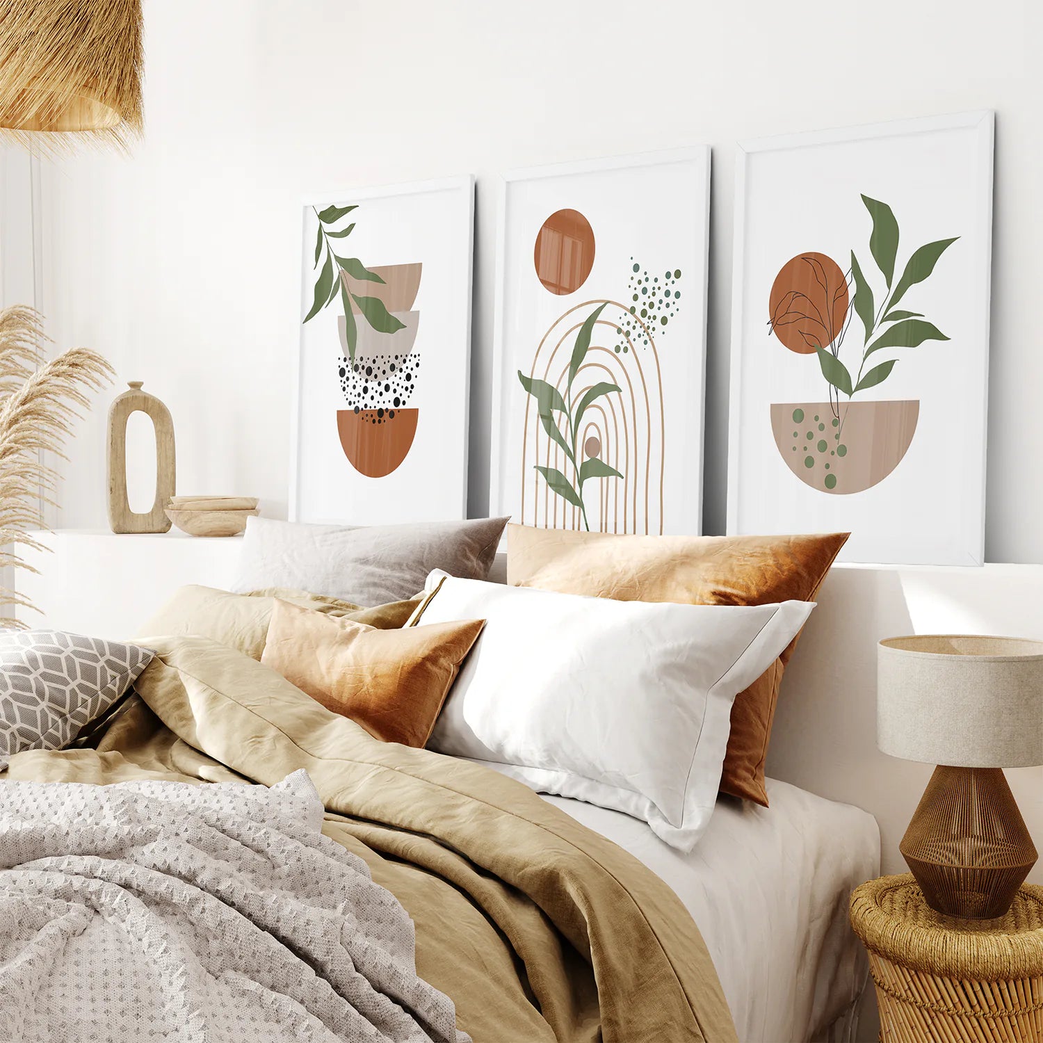 Abstract Green Leaves Wall Art Set of 3 Pieces. Earth Tones. White Frame. Bedroom