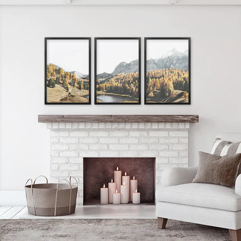 Brown Autumn Wall Art. Mountain Lake and Forest. Black Frames