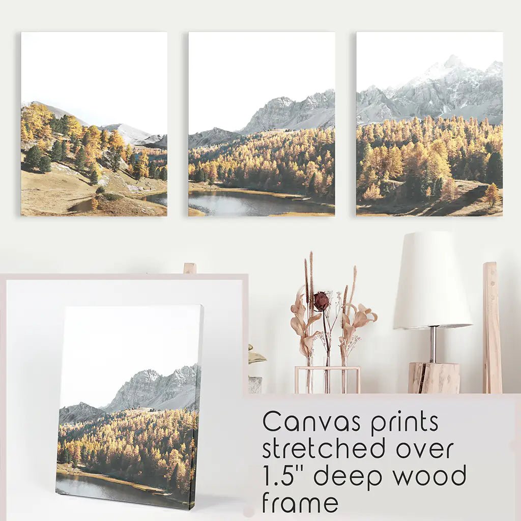 Brown Autumn Wall Art. Mountain Lake and Forest. Canvas Prints