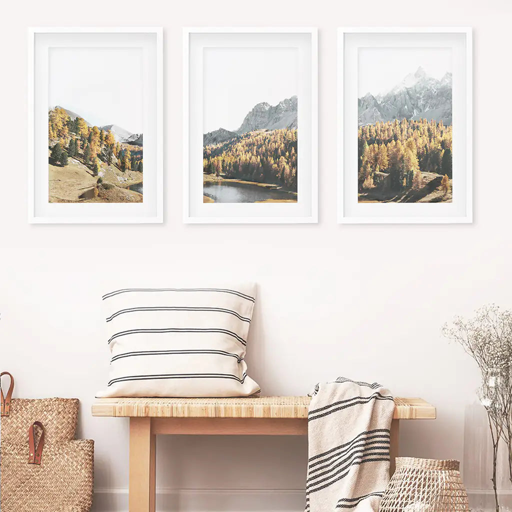 Brown Autumn Wall Art. Mountain Lake and Forest. White Frames with Mat
