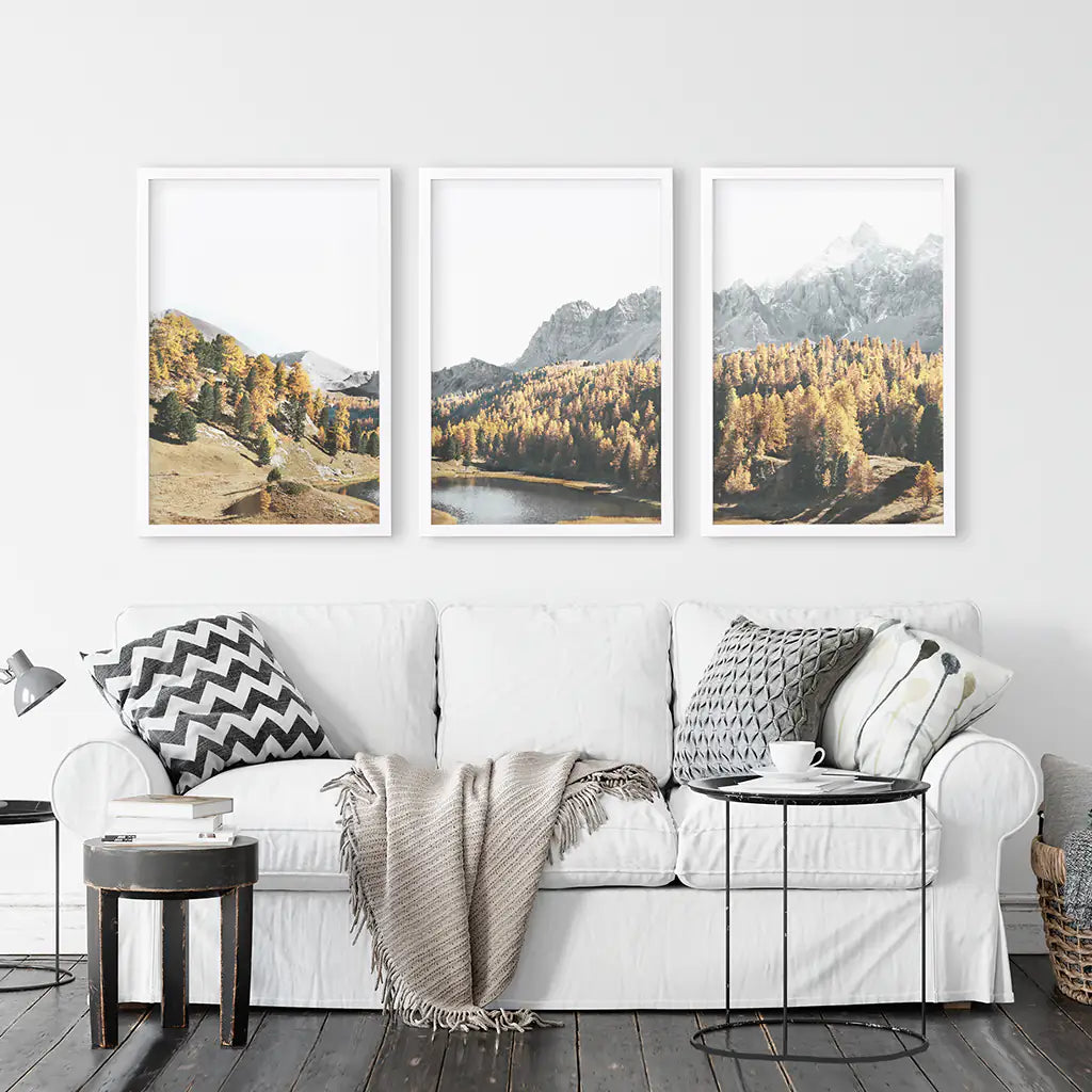 Brown Autumn Wall Art. Mountain Lake and Forest. White Frames