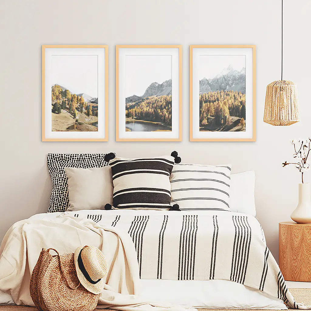 Brown Autumn Wall Art. Mountain Lake and Forest. Wood Frames with Mat