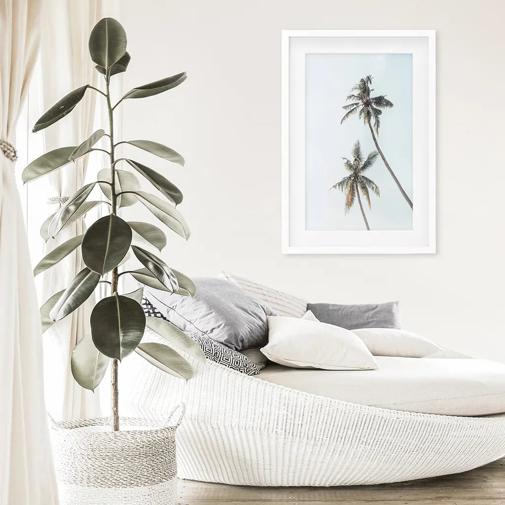 California Tropical Themed Wall Decor. Large Palm Trees. White Frame with Mat