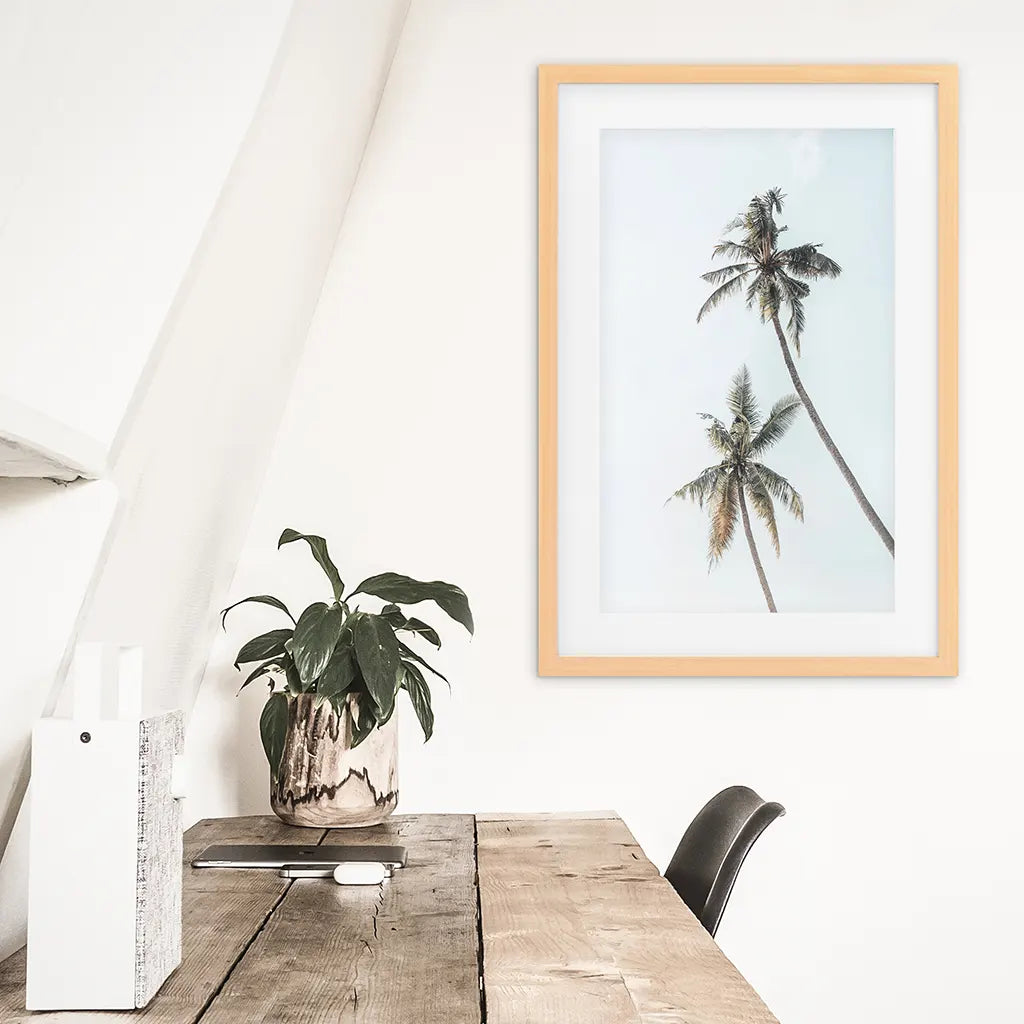 California Tropical Themed Wall Decor. Large Palm Trees. Wood Frame with Mat