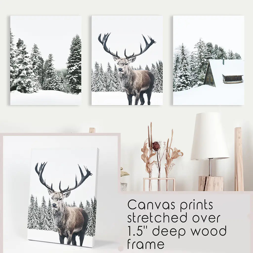 3 Piece Christmas Wall Art. Forest, Log Cabin, Reindeer. Canvas Prints