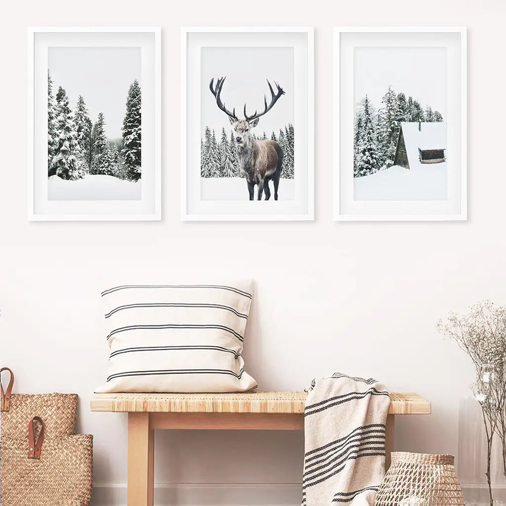3 Piece Christmas Wall Art. Forest, Log Cabin, Reindeer. White Frames with Mat