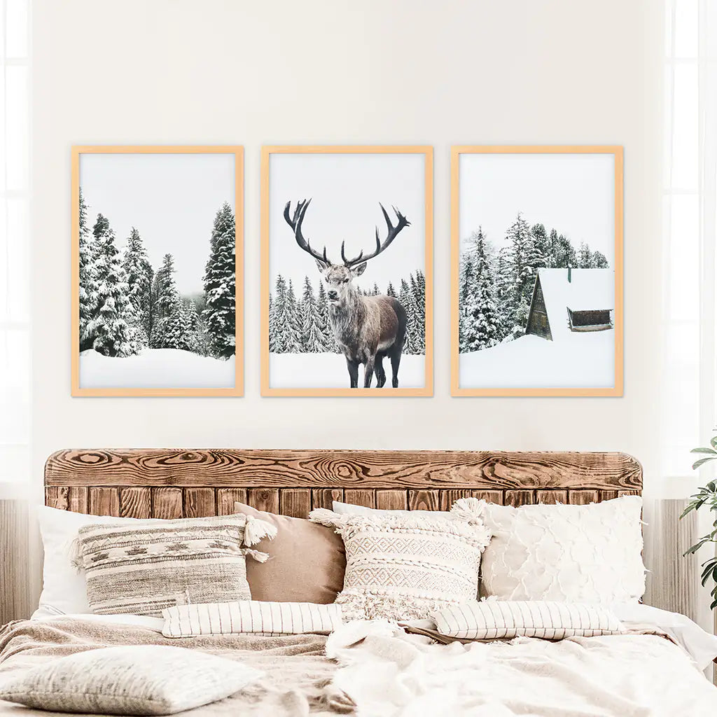 3 Piece Christmas Wall Art. Forest, Log Cabin, Reindeer. Wood Frames