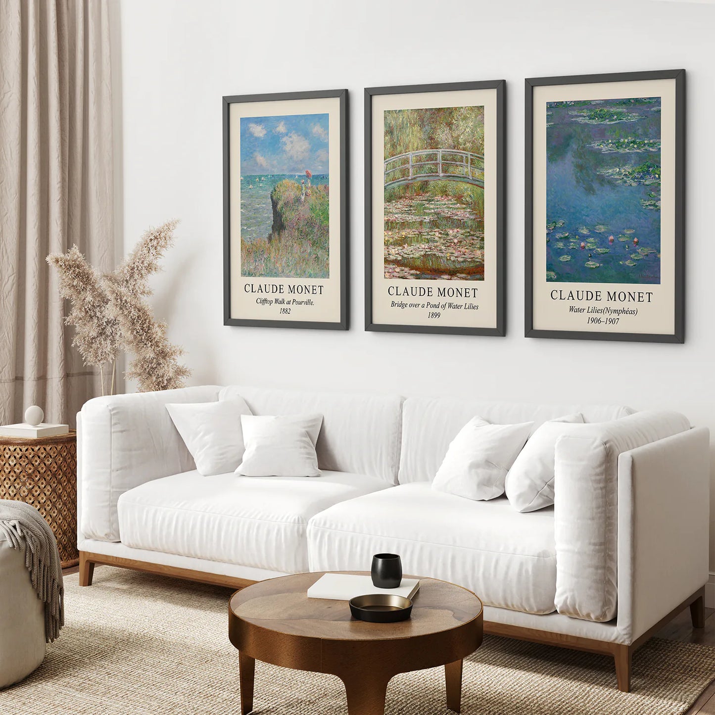3 Piece Claude Monet Landscape Wall Art Set. Exhibition Style. Black Frame. Living Room