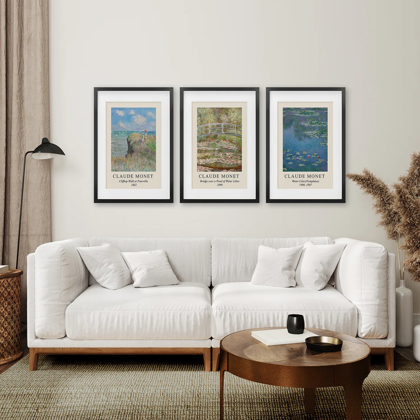 3 Piece Claude Monet Landscape Wall Art Set. Exhibition Style. Black Frame with Mat. Living Room