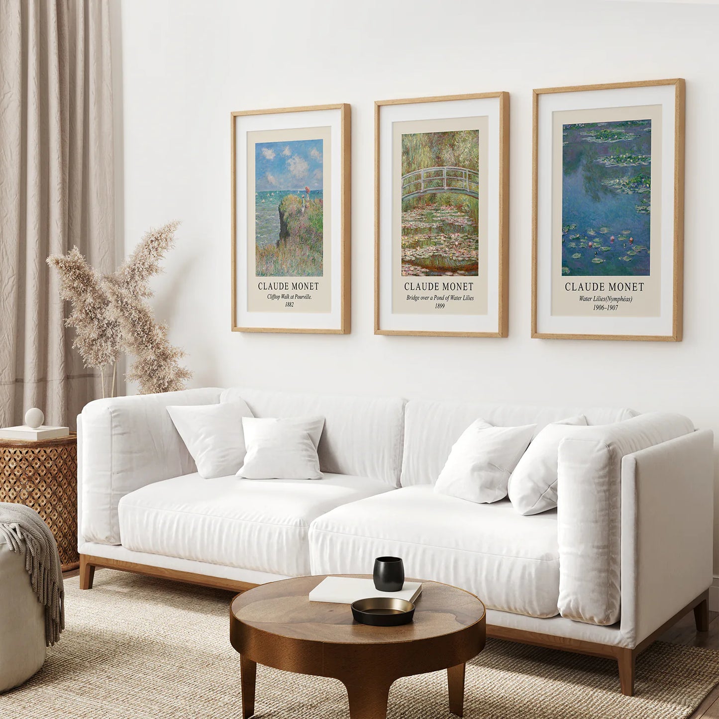 3 Piece Claude Monet Landscape Wall Art Set. Exhibition Style. Thinwood Frame with Mat. Living Room