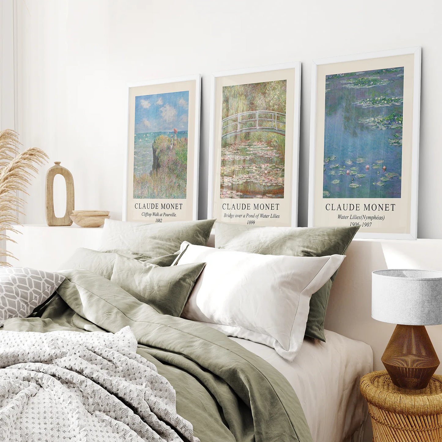 3 Piece Claude Monet Landscape Wall Art Set. Exhibition Style. White Frame. Living Room