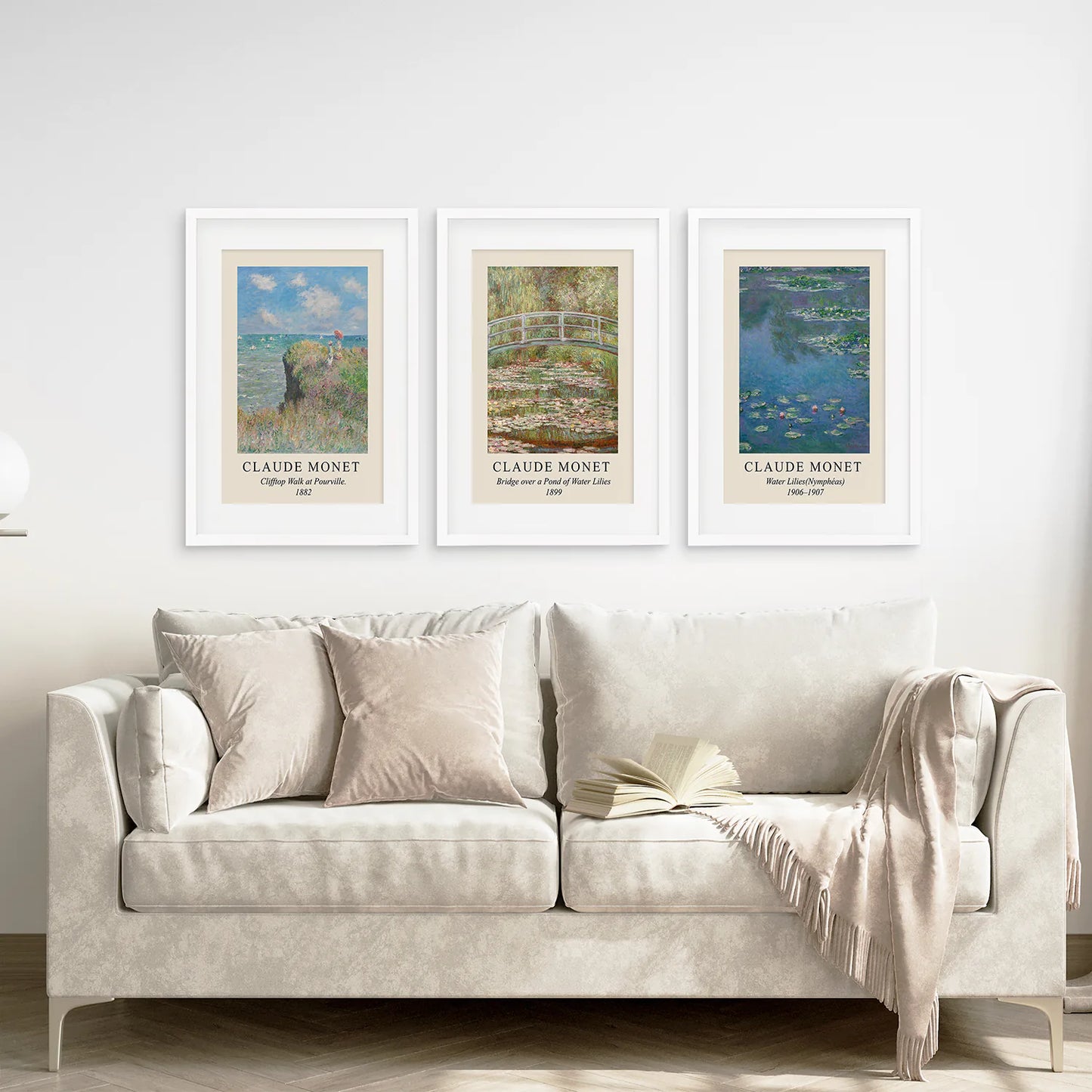 3 Piece Claude Monet Landscape Wall Art Set. Exhibition Style. White Frame with Mat. Living Room