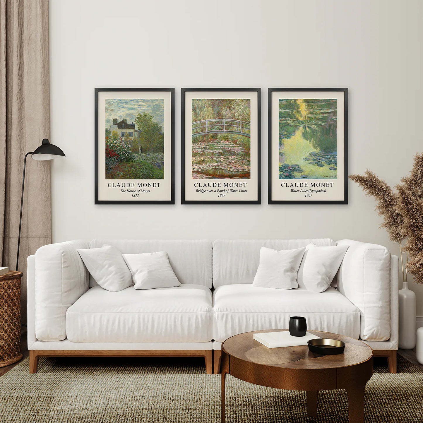 Vintage Farmhouse Decor Set of 3 Prints. Claude Monet. Black Frame. Living Room