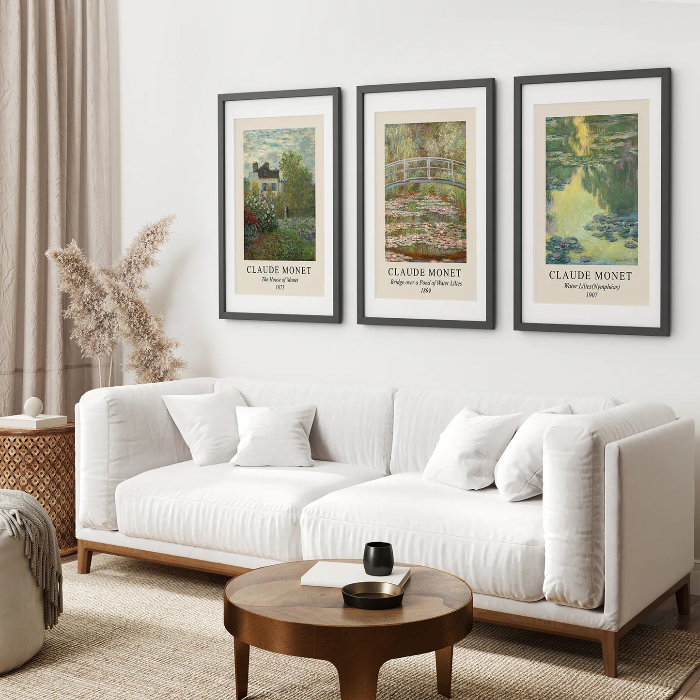 Vintage Farmhouse Decor Set of 3 Prints. Claude Monet. Black Frame with Mat. Living Room