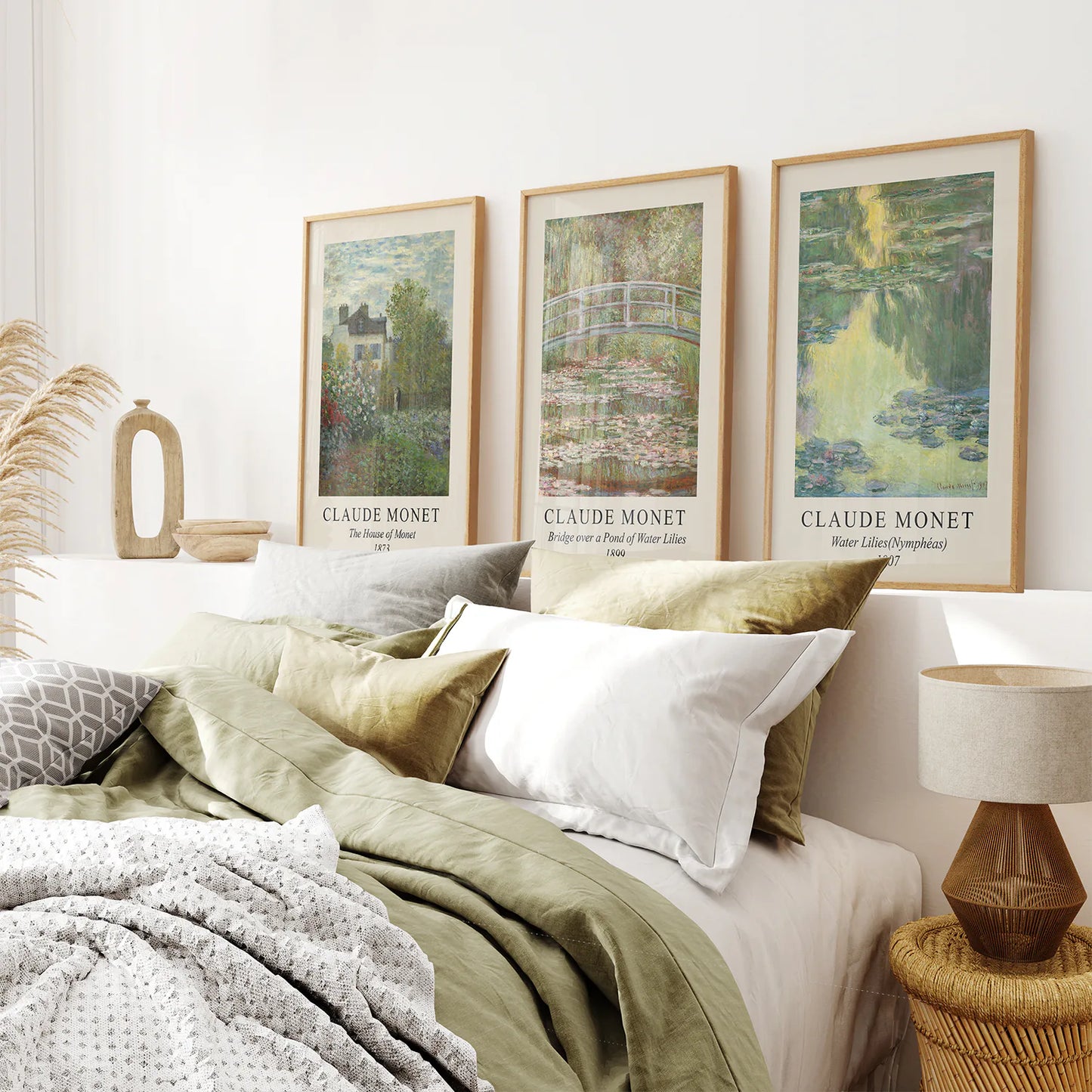 Vintage Farmhouse Decor Set of 3 Prints. Claude Monet. Thinwood Frame. Bedroom