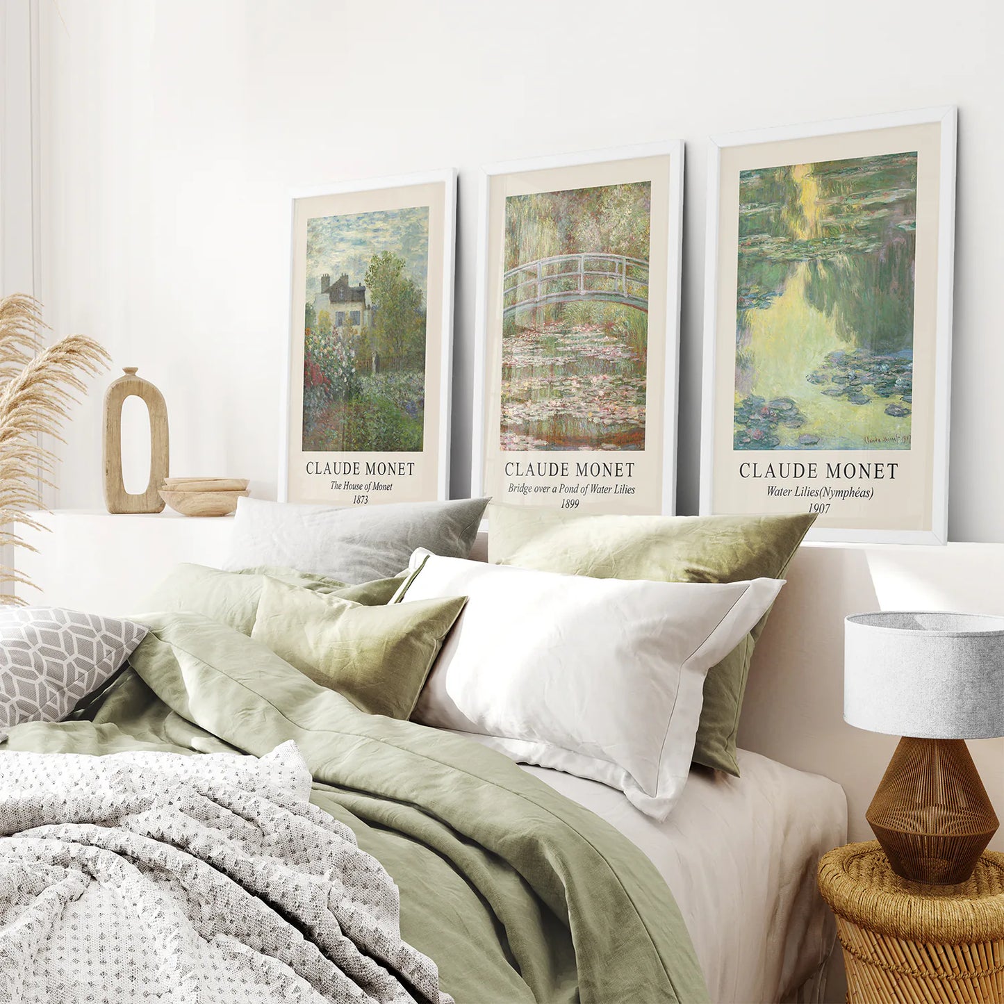 Vintage Farmhouse Decor Set of 3 Prints. Claude Monet. White Frame. Bedroom