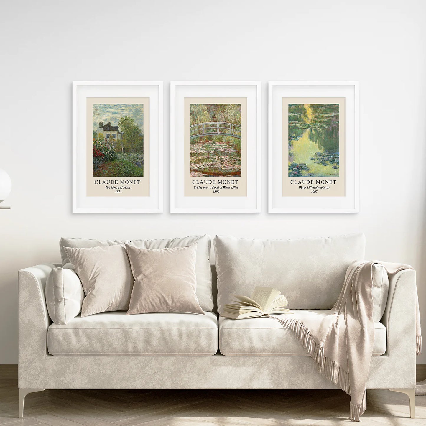 Vintage Farmhouse Decor Set of 3 Prints. Claude Monet. White Frame with Mat. Living Room