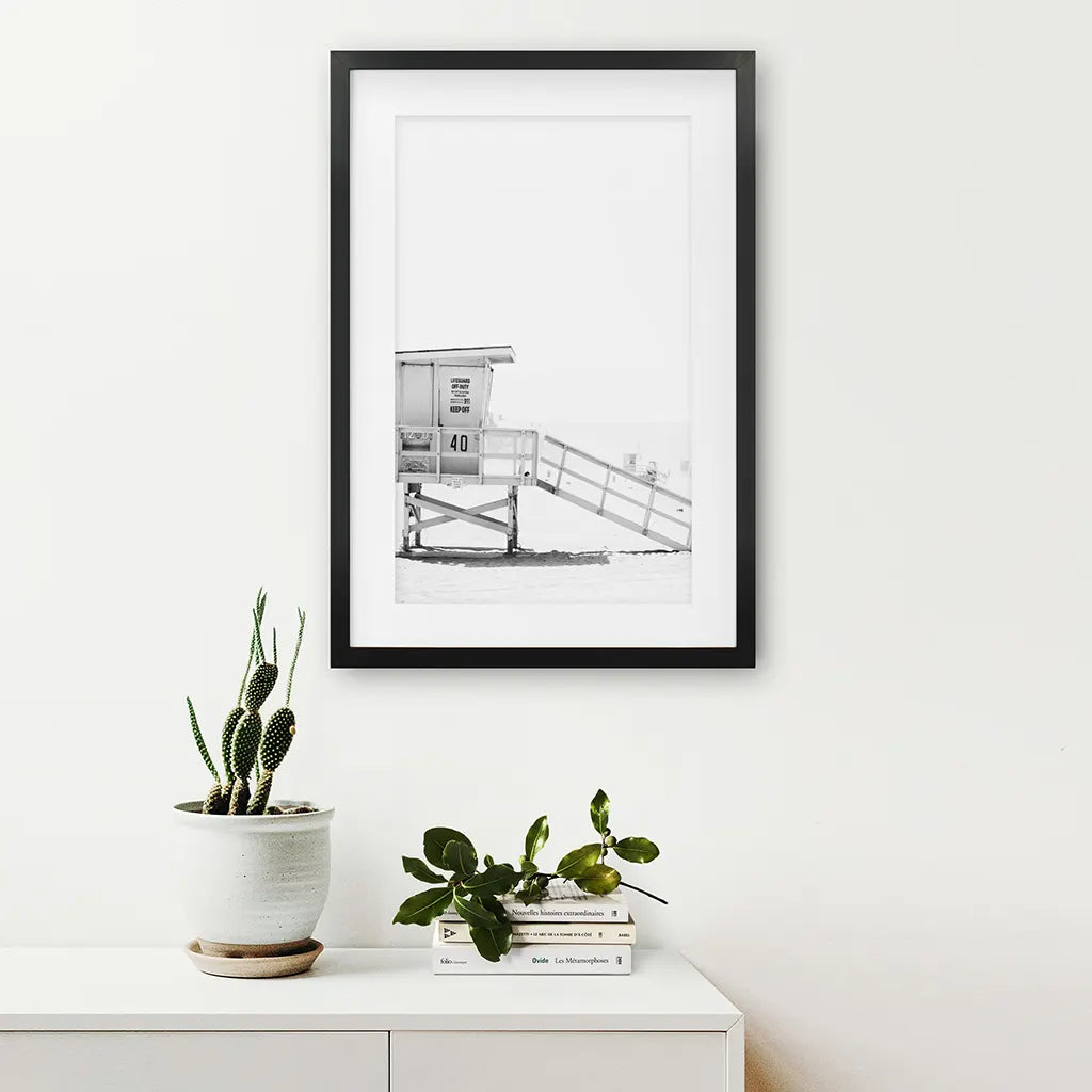 Black White LIfeguard Tower Poster. Coastal Summer Theme. Black Frame with Mat