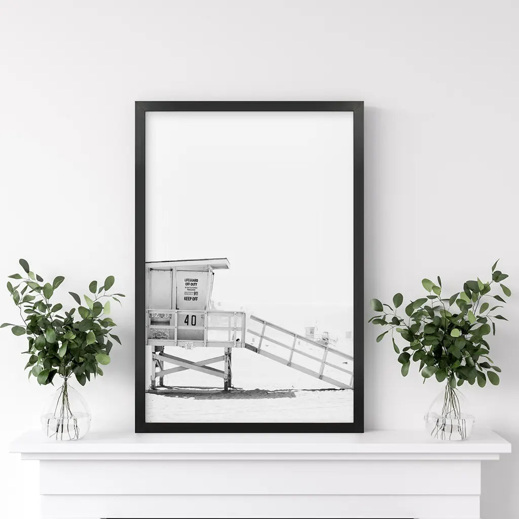 Black White LIfeguard Tower Poster. Coastal Summer Theme. Black Frame