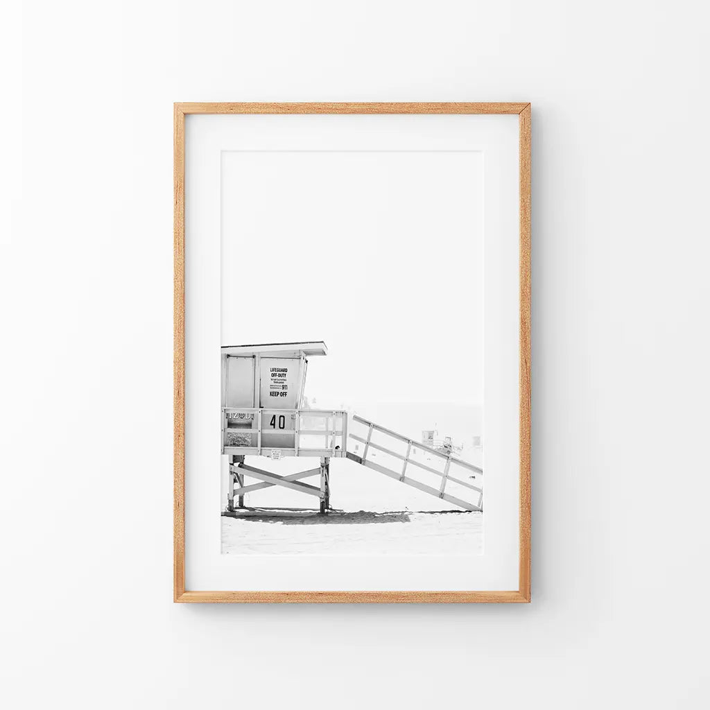 Black White LIfeguard Tower Poster. Coastal Summer Theme. Thin Wood Frame with Mat