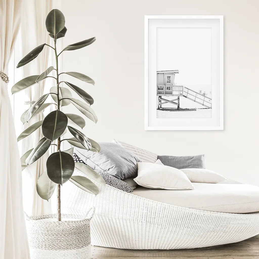 Black White LIfeguard Tower Poster. Coastal Summer Theme. White Frame with Mat