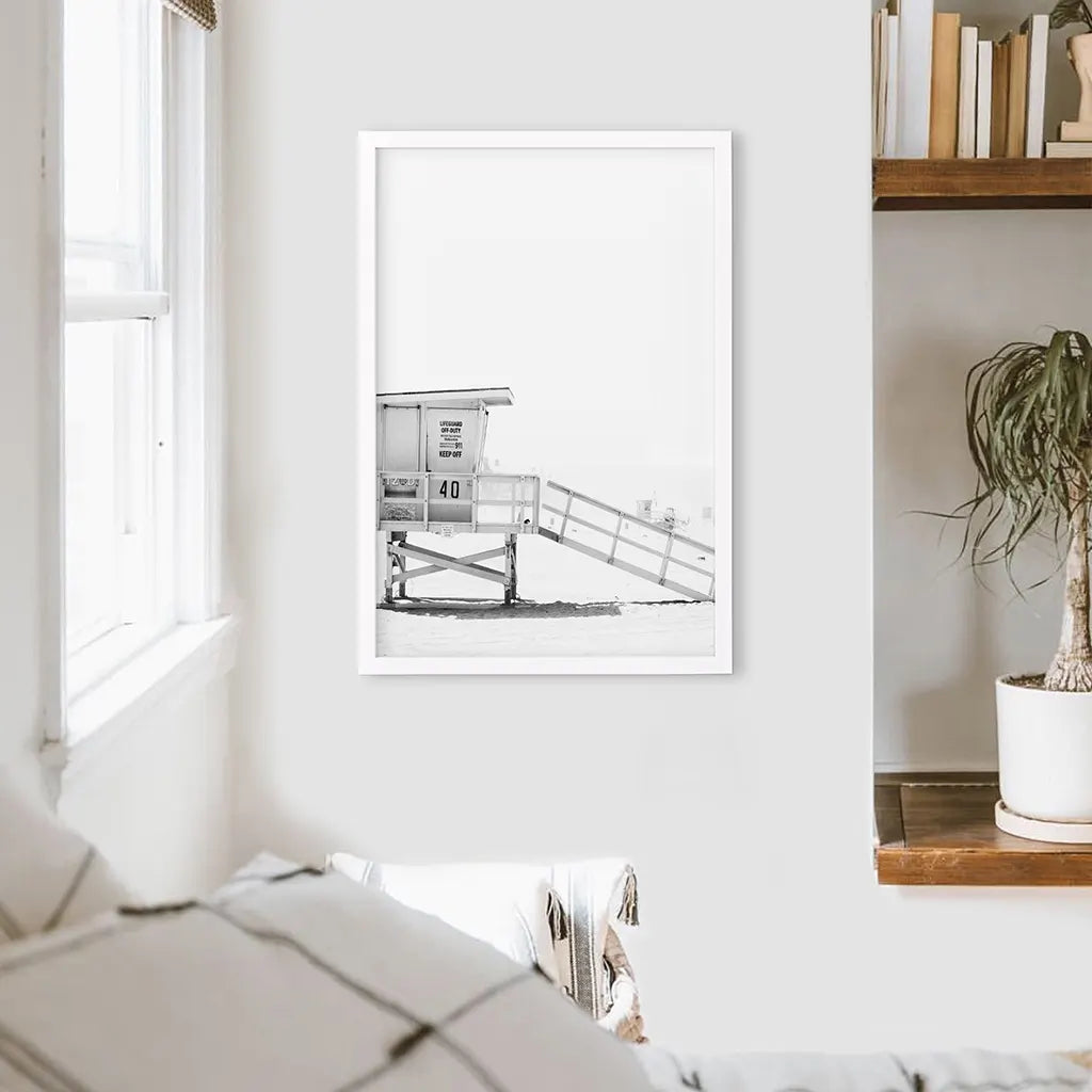 Black White LIfeguard Tower Poster. Coastal Summer Theme. White Frame