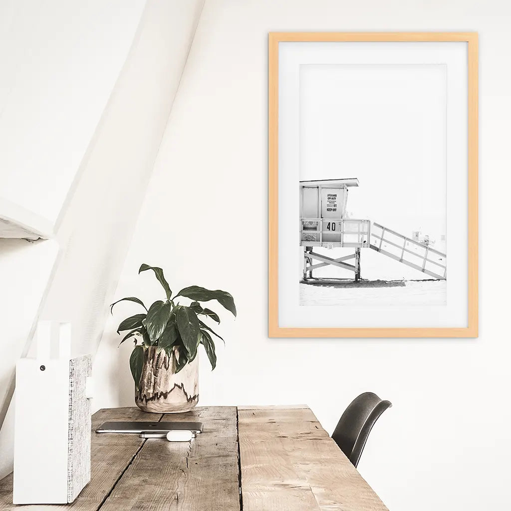 Black White LIfeguard Tower Poster. Coastal Summer Theme. Wood Frame with Mat