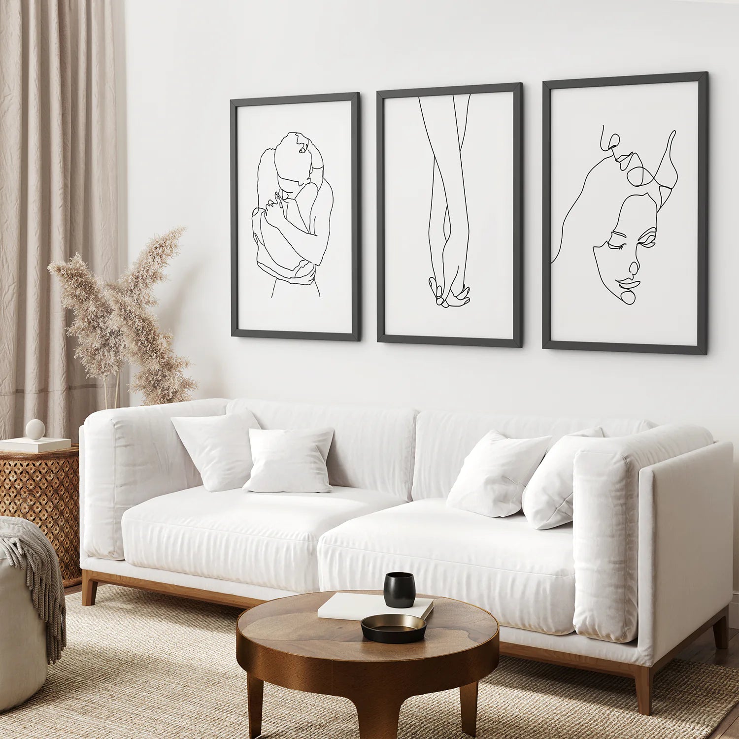 3 Piece Minimalistic Line Art Set. Couple, Holding Hands. Black Frame. Living Room