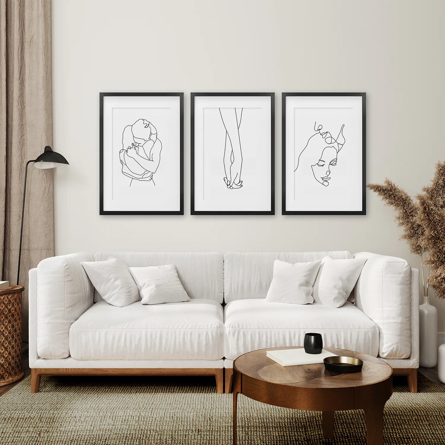 3 Piece Minimalistic Line Art Set. Couple, Holding Hands. Black Frame with Mat. Living Room
