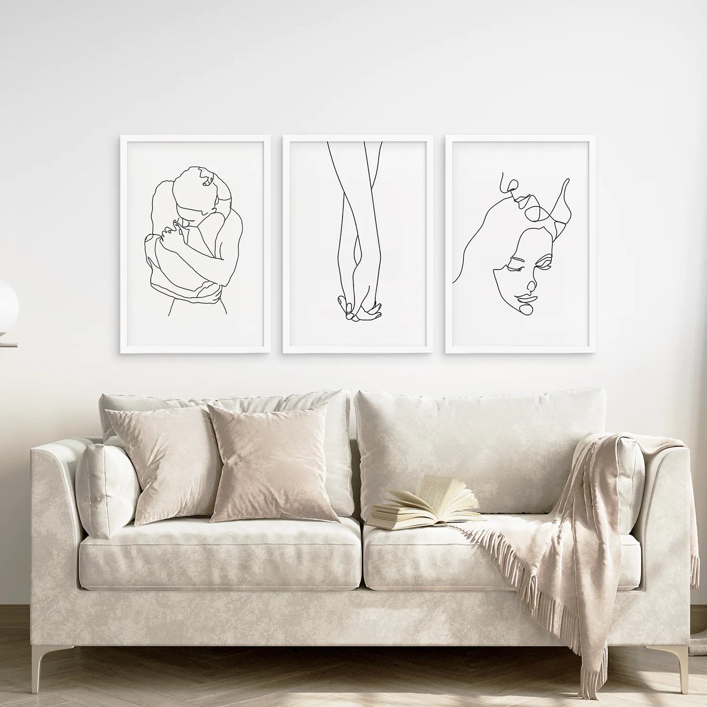 3 Piece Minimalistic Line Art Set. Couple, Holding Hands. White Frame. Living Room