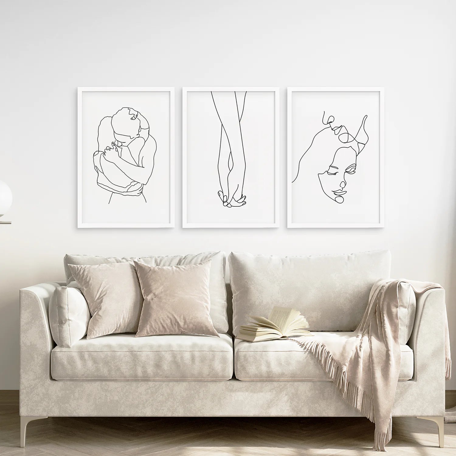 3 Piece Minimalistic Line Art Set. Couple, Holding Hands. White Frame. Living Room