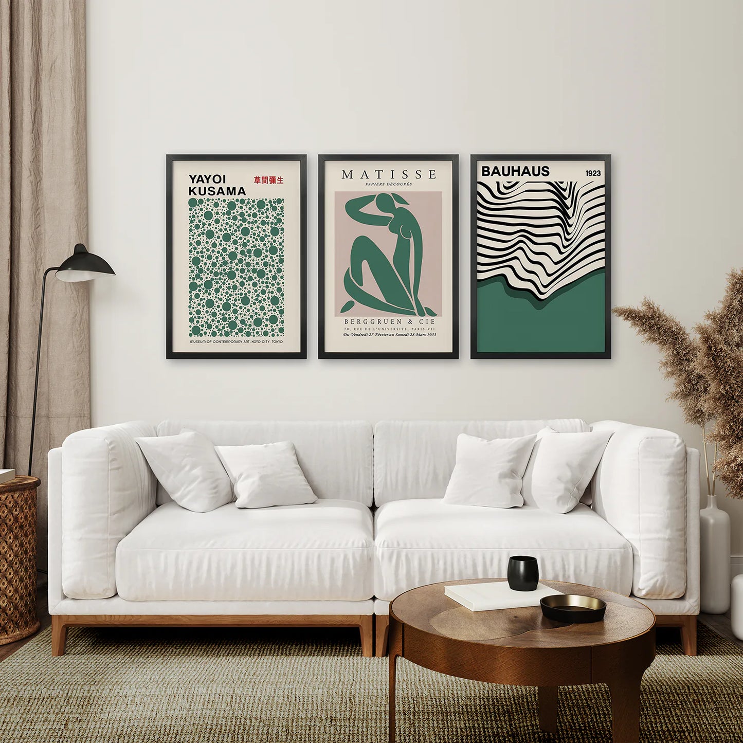 Set of 3 Abstract Figure Art Prints Sage Green. Black Frame. Living Room