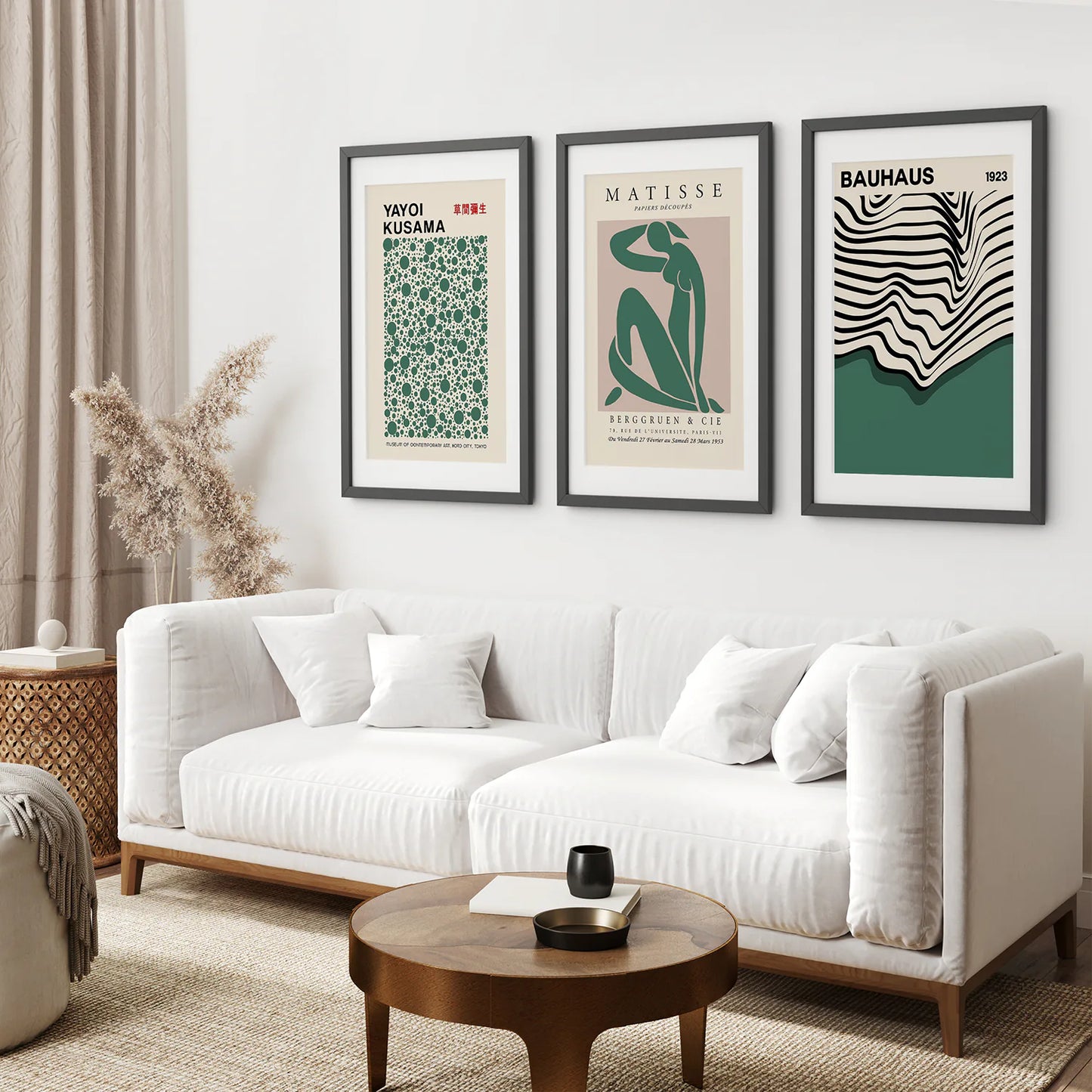 Set of 3 Abstract Figure Art Prints Sage Green. Black Frame with Mat. Living Room