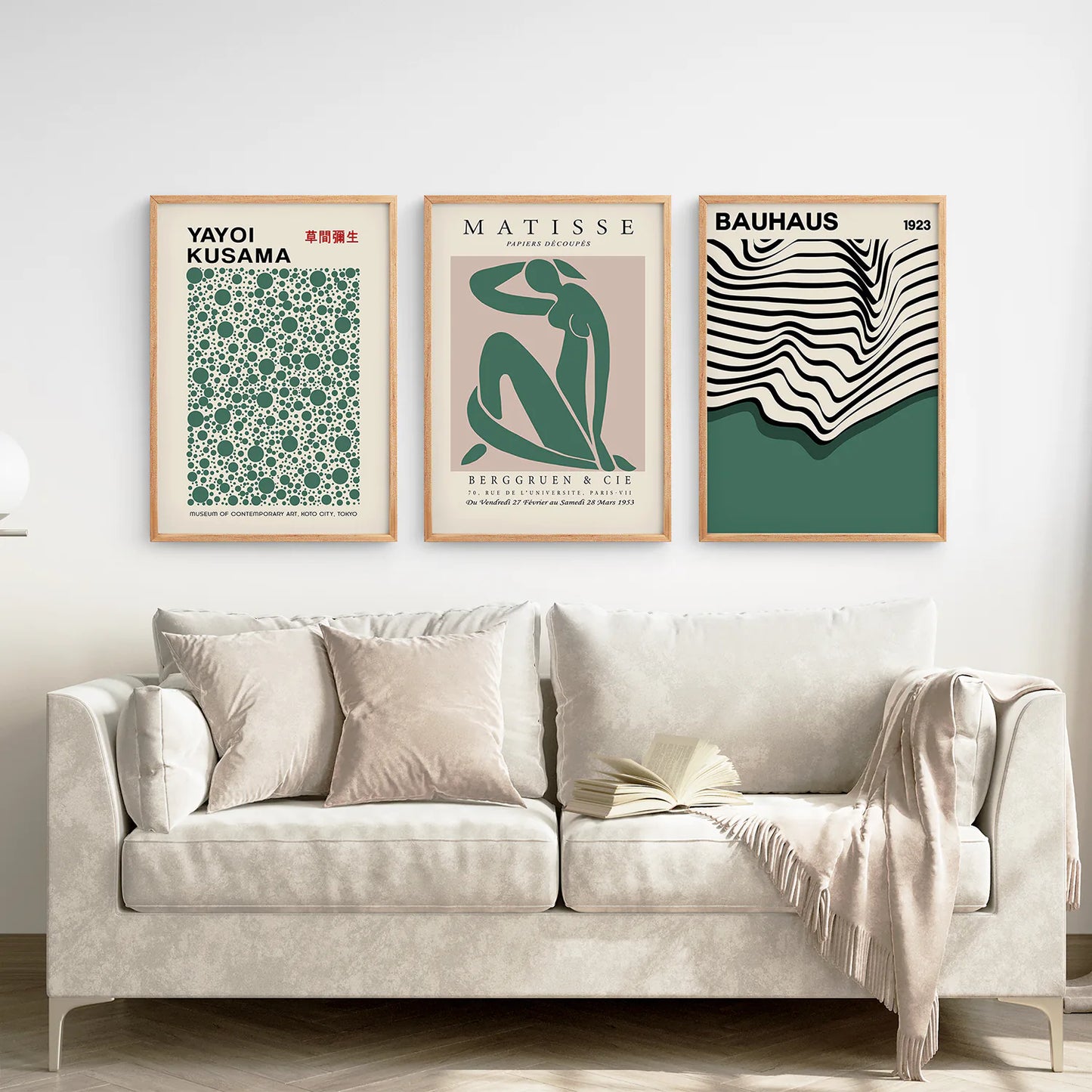 Set of 3 Abstract Figure Art Prints Sage Green. Thinwood Frame. Living Room