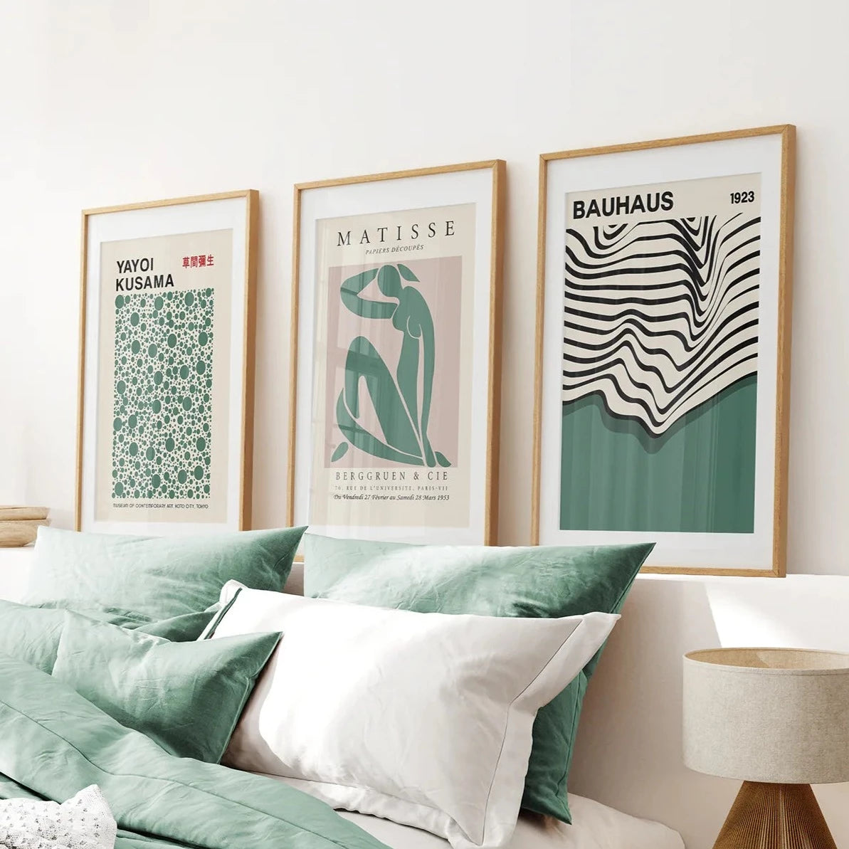 Set of 3 Abstract Figure Art Prints Sage Green. Thinwood Frame with Mat. Bedroom