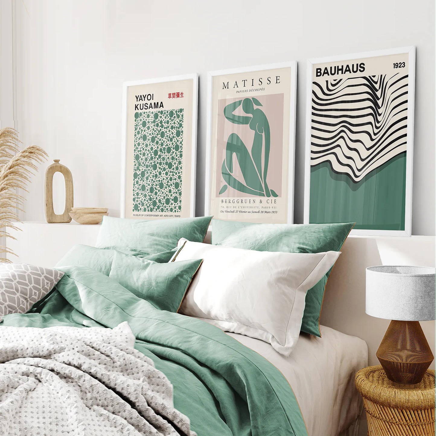 Set of 3 Abstract Figure Art Prints Sage Green. White Frame. Bedroom