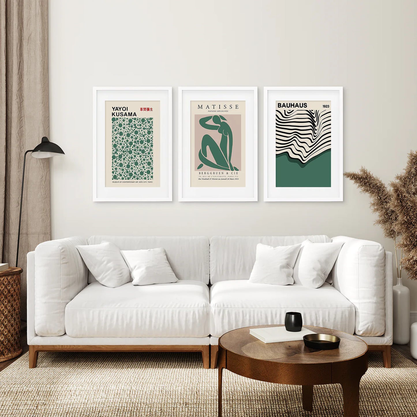 Set of 3 Abstract Figure Art Prints Sage Green. White Frame with Mat. Living Room
