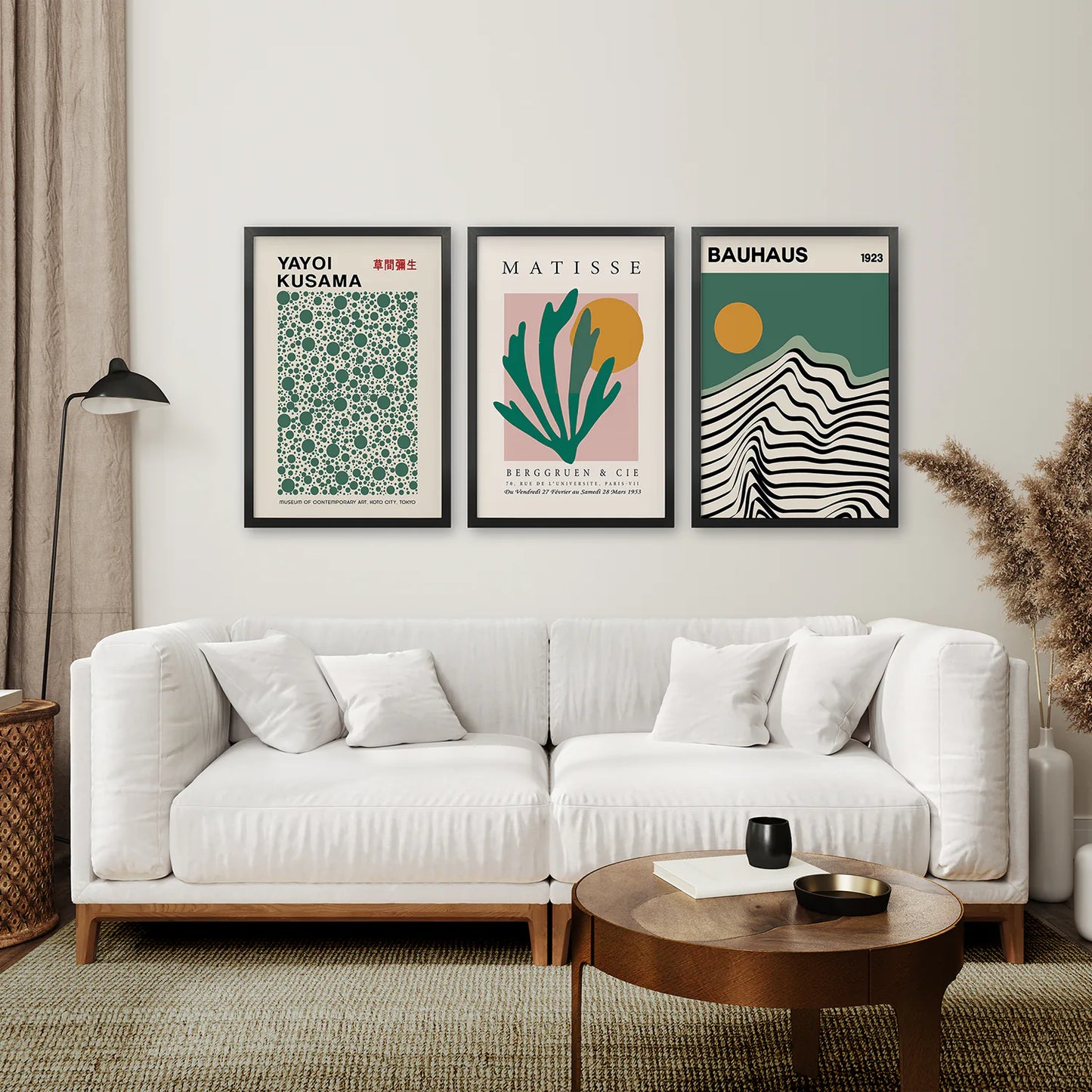 Sage Green Set of 3 Prints. Bauhaus, Kusama, Matisse Style. Black Frame. Living Room