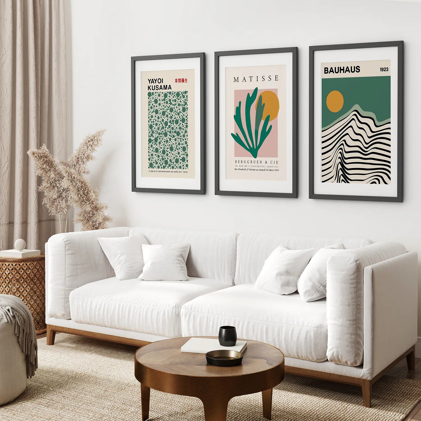Sage Green Set of 3 Prints. Bauhaus, Kusama, Matisse Style. Black Frame with Mat. Living Room