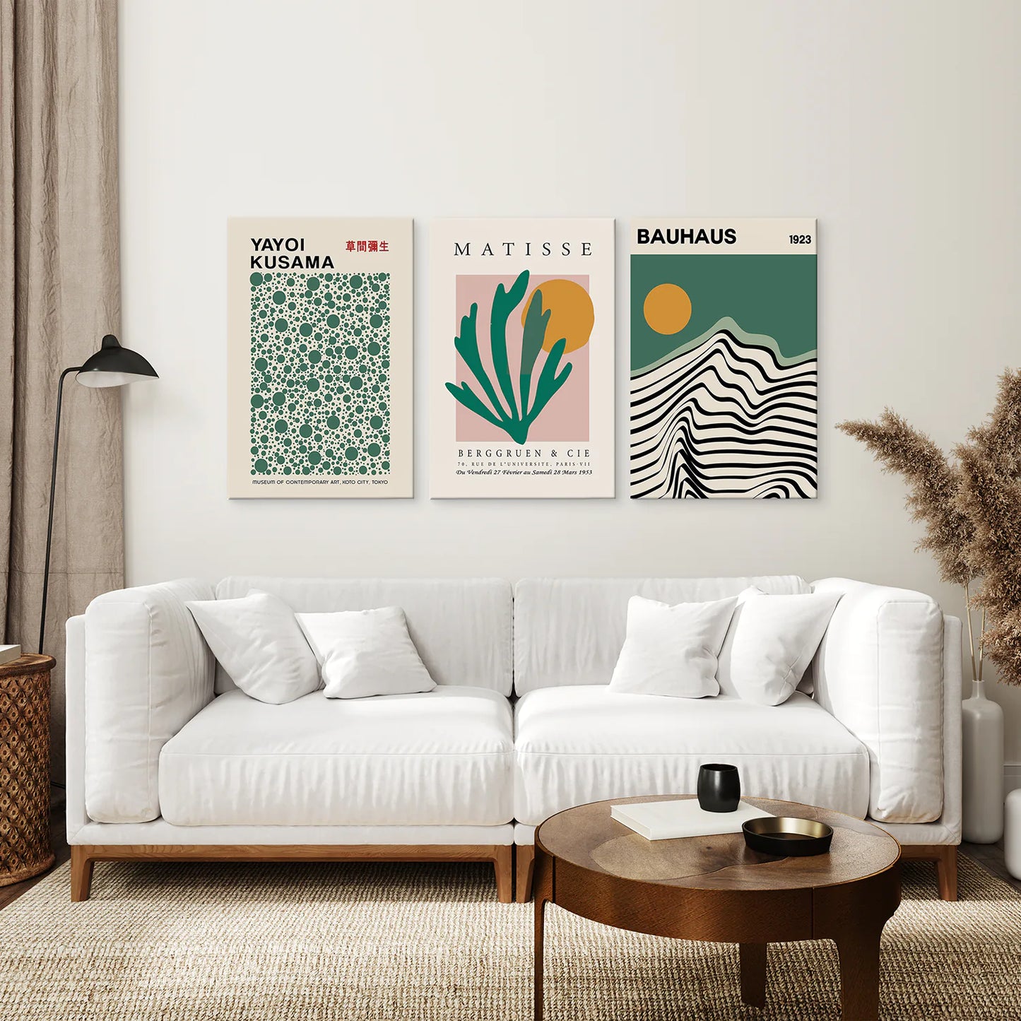 Sage Green Set of 3 Prints. Bauhaus, Kusama, Matisse Style. Canvas Print. Living Room