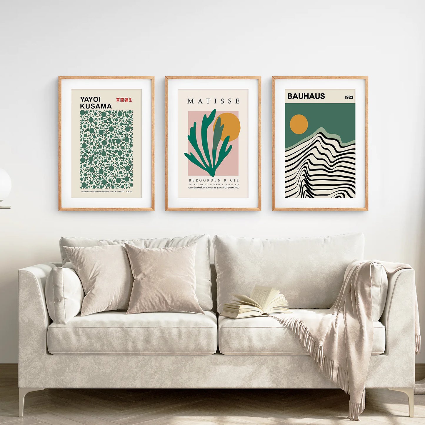 Sage Green Set of 3 Prints. Bauhaus, Kusama, Matisse Style. Thinwood Frame with Mat. Living Room