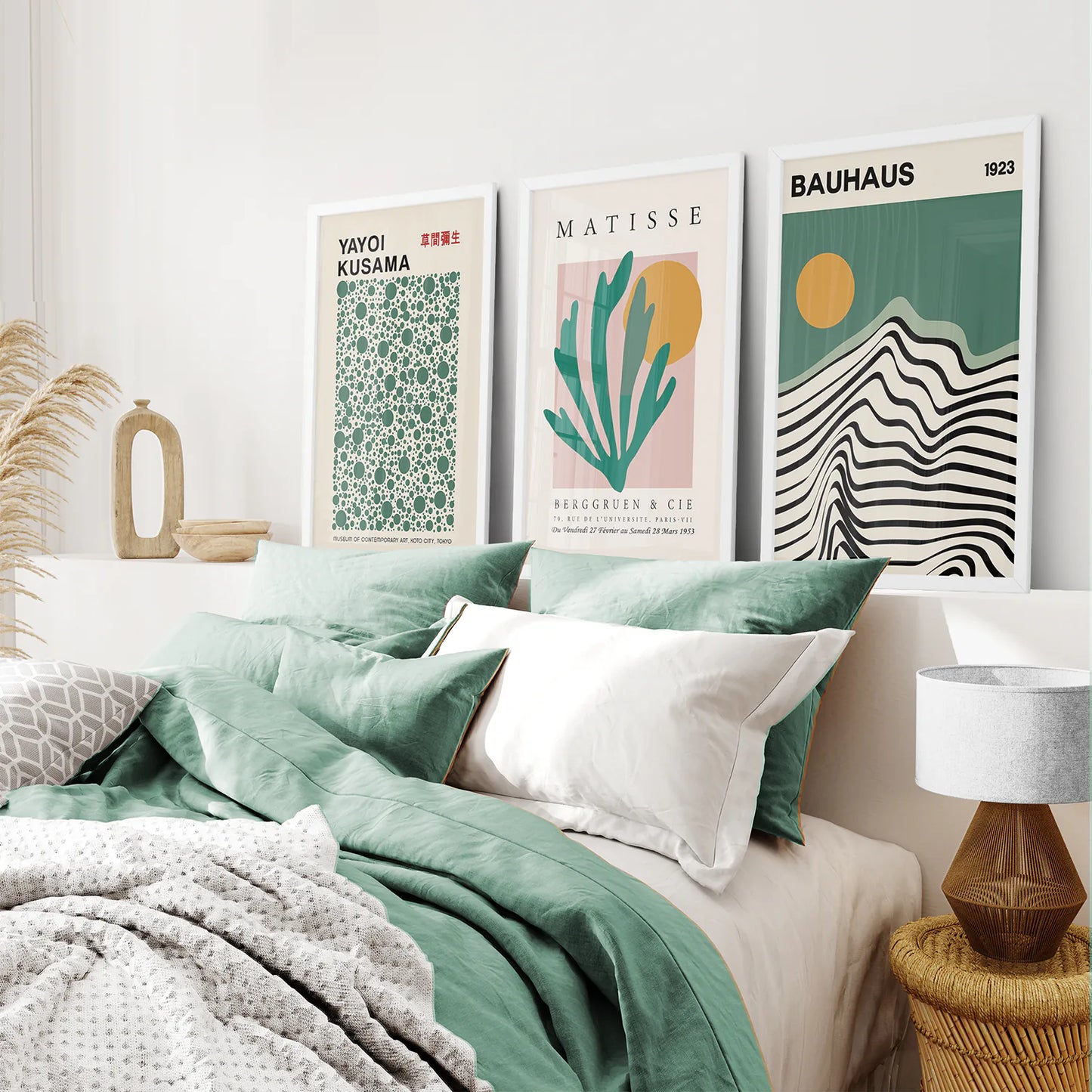 Sage Green Set of 3 Prints. Bauhaus, Kusama, Matisse Style. White Frame. Bedroom