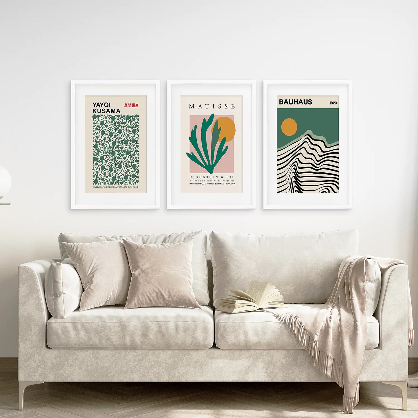 Sage Green Set of 3 Prints. Bauhaus, Kusama, Matisse Style. White Frame with Mat. Living Room