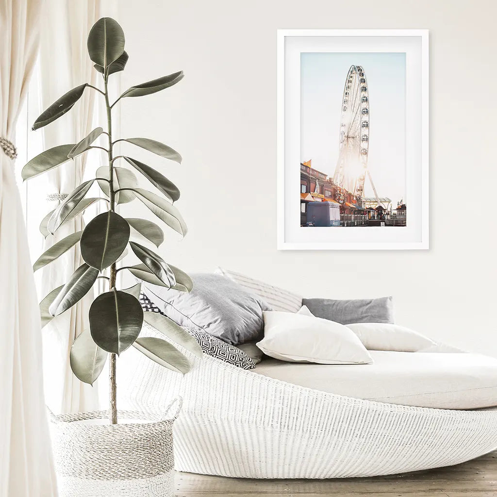 Ferris Wheel Wall Decor. Summer Beach Style. White Frame with Mat
